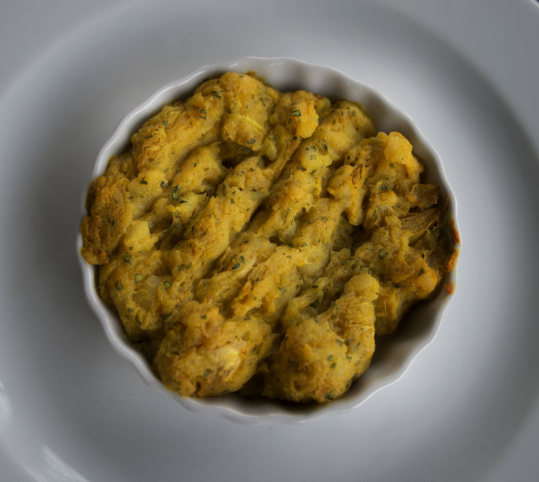 Twice-baked curried potatoes with savoy cabbage